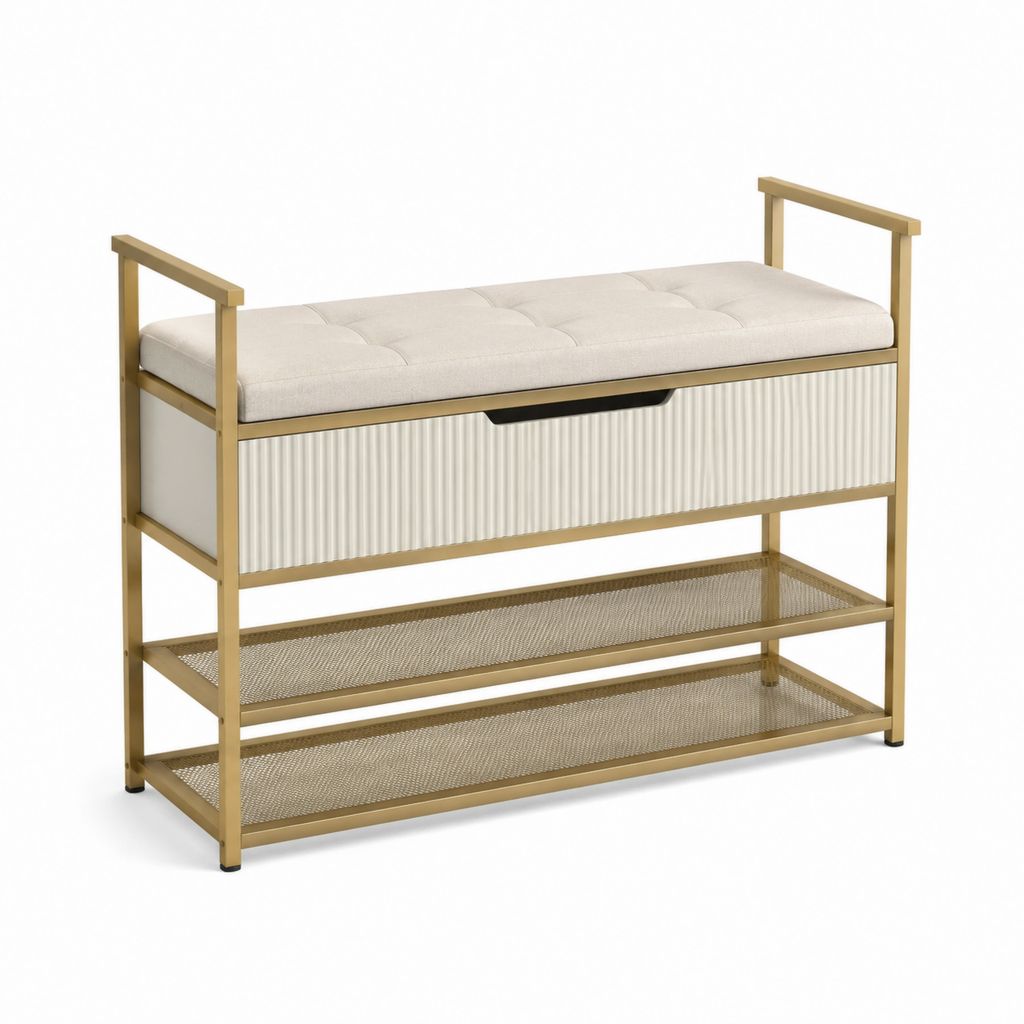 Schuhbank mit Sitzkissen Schuhregal mit Schublade Creme Gold Stahl Polyester 100 x 30 x 60 cm