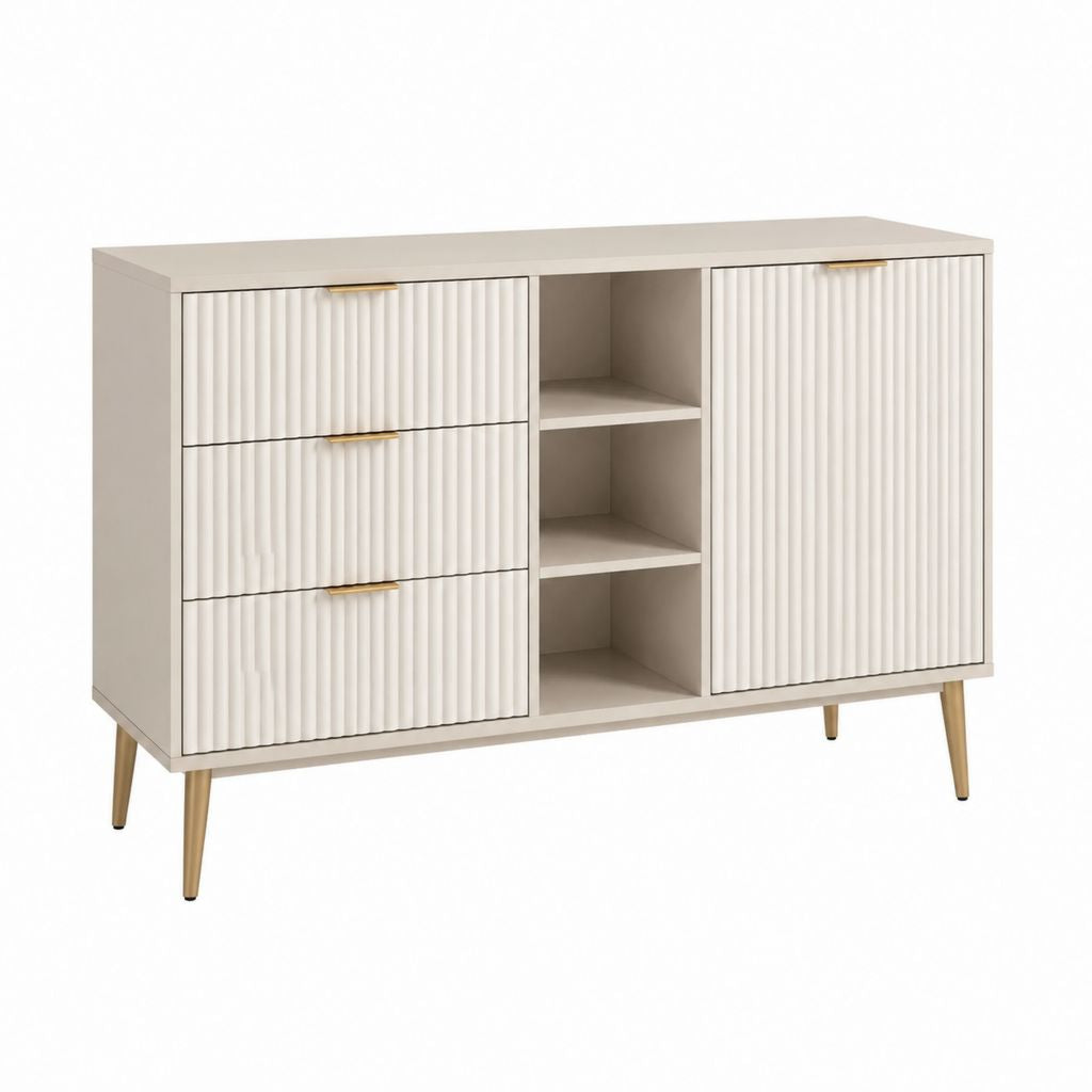 Sideboard Cremeweiß aus MDF und Spanplatte rechteckig mit 3 Schubladen 1 Tür 3 offenen Fächern 140 x 40 x 85 cm