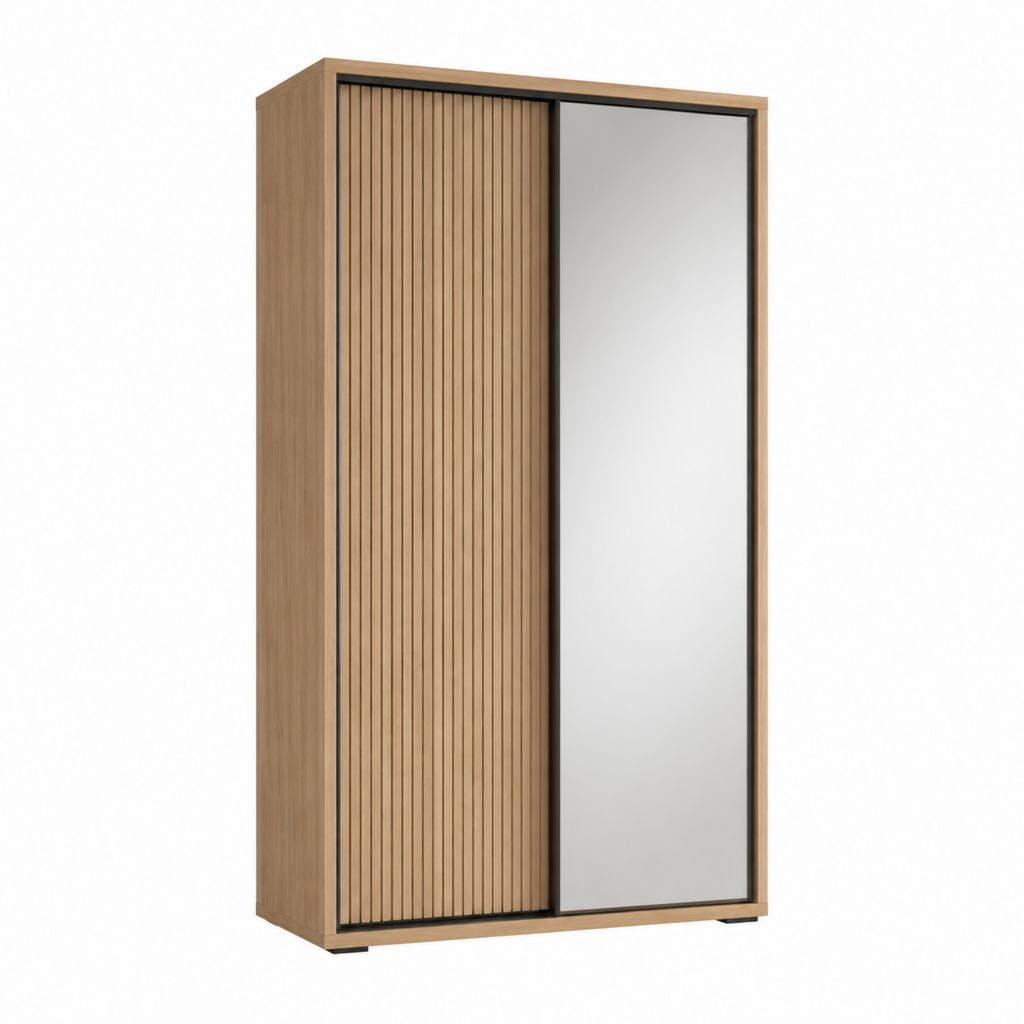 Schwebetürenschrank Eicheoptik mit Spiegel und MDF-Lamellenfront rechteckig 120 x 60 x 200 cm