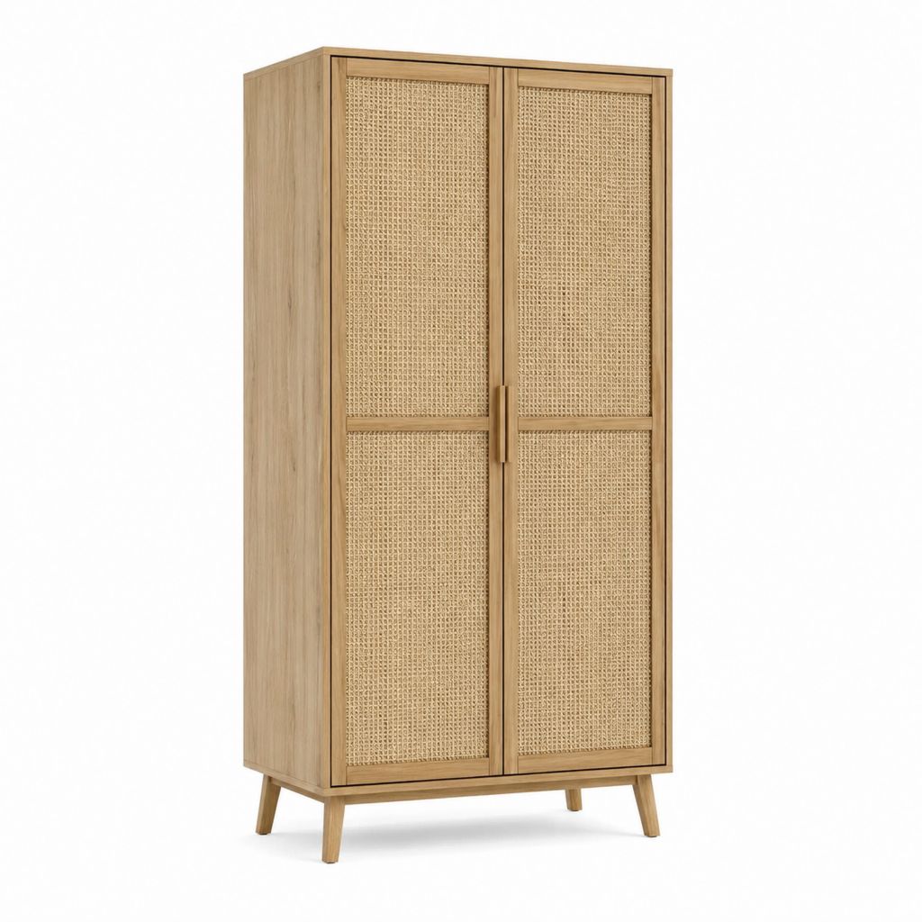 Kleiderschrank 2-türig in Natur mit Eichenfurnier und Rattangeflecht 90 x 55 x 180 cm