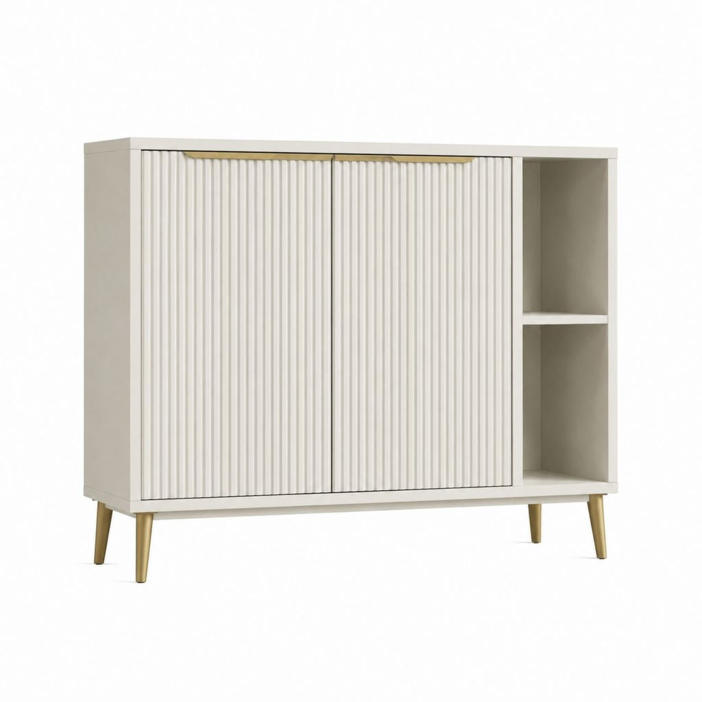 Sideboard Weiß aus MDF mit geriffelter Front und goldfarbenen Stahlfüßen 120 x 40 x 100 cm