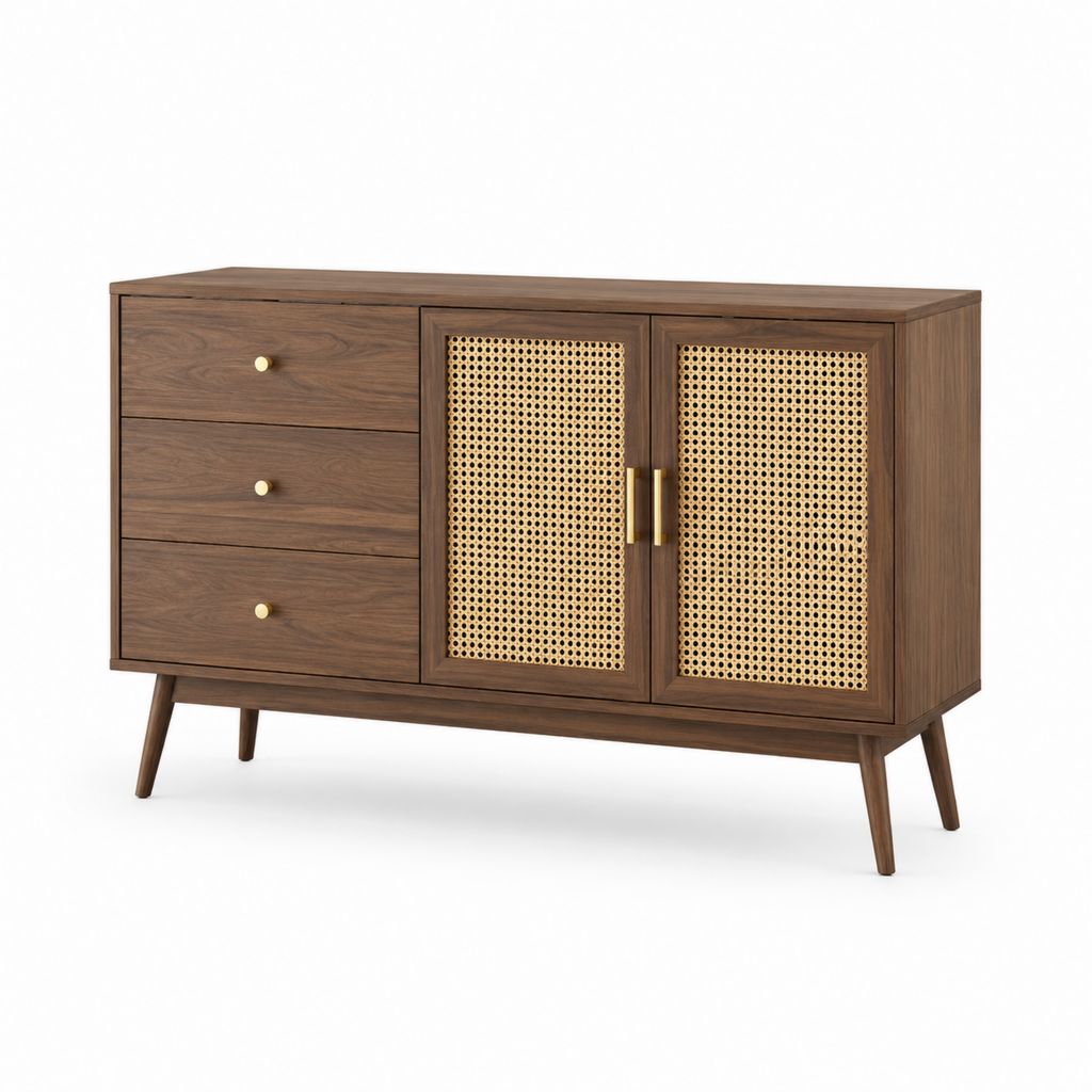 Sideboard Nussbaumoptik mit Rattanfront 3 Schubladen 2 Türen 140 x 40 x 80 cm