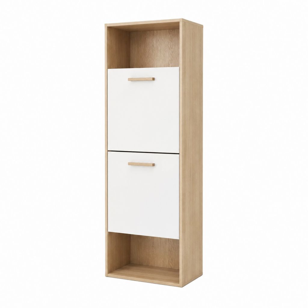 Schuhschrank mit 2 Klappen und offenen Fächern Weiß Eiche Spanplatte rechteckig 40 x 30 x 180 cm