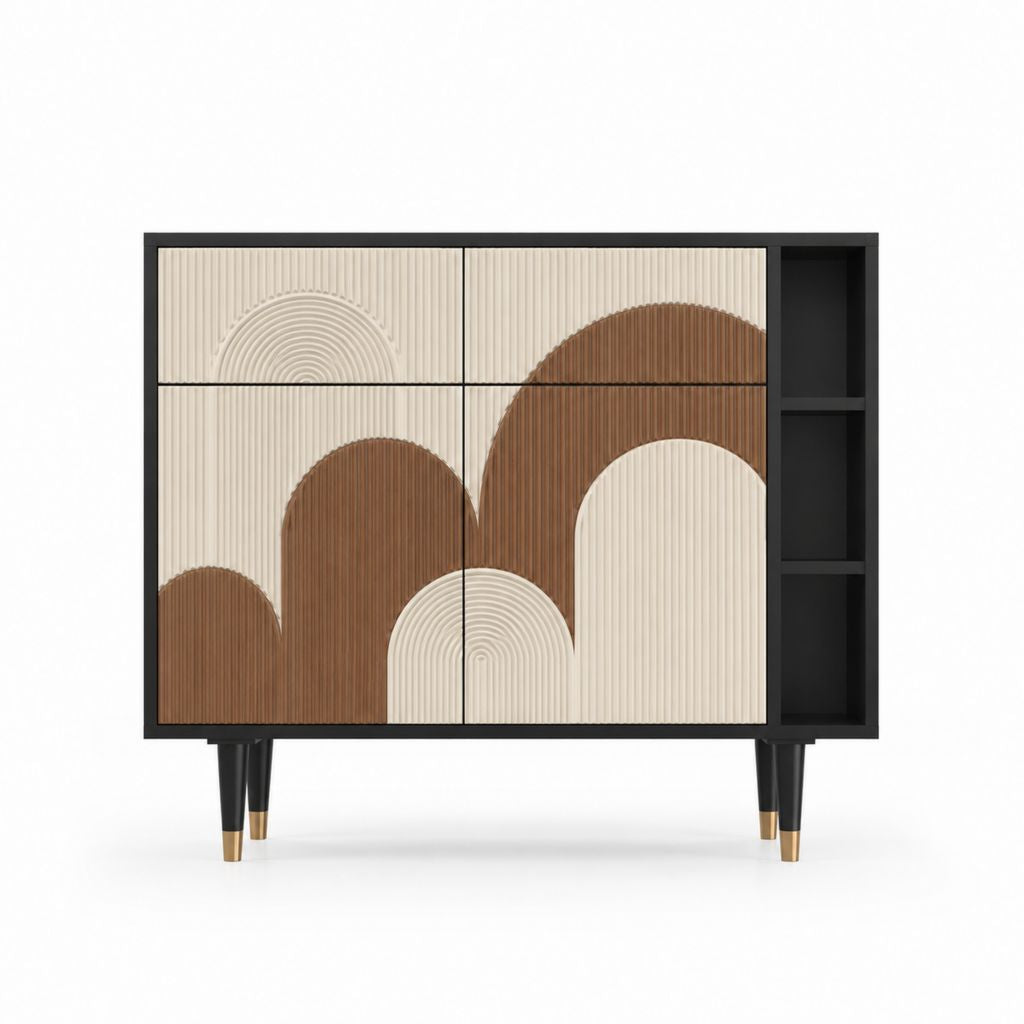 Sideboard mit 4 Türen und offenen Fächern aus melaminbeschichteter Spanplatte und MDF in Schwarz Creme Braun rechteckig 120 x 40 x 110 cm