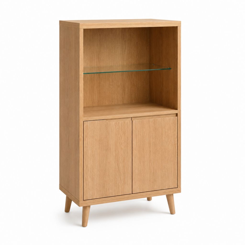 Highboard Vitrine Eiche natur furniert rechteckig mit Glaseinlegeboden 80 x 40 x 160 cm