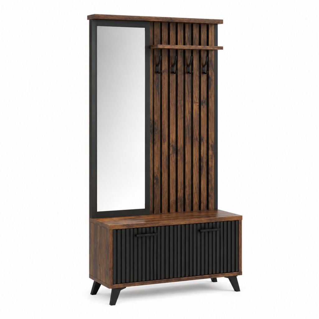 Garderobenpaneel mit Spiegel Schuhschrank und 4 Haken Braun Schwarz MDF 100 x 35 x 180 cm