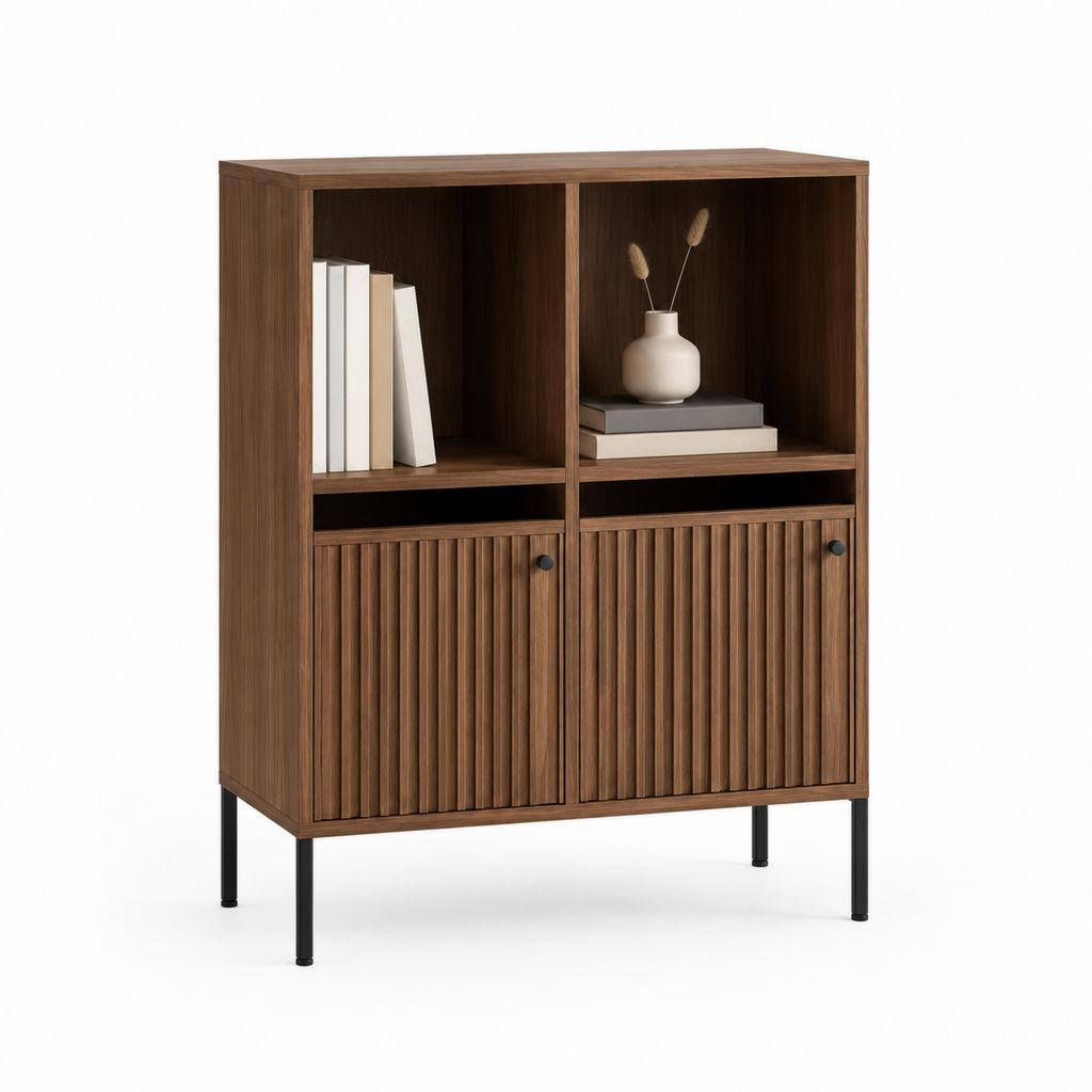 Highboard Sideboard Walnussoptik aus Spanplatte mit 2 Türen und 2 offenen Fächern 80 x 40 x 120 cm