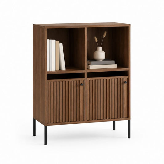 Highboard Sideboard Walnussoptik aus Spanplatte mit 2 Türen und 2 offenen Fächern 80 x 40 x 120 cm