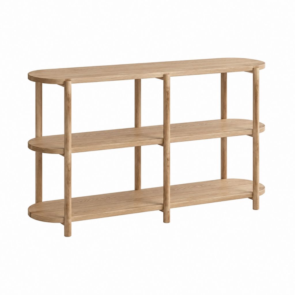Konsolentisch aus Eichenholz natur oval mit 3 Ablagen 120 x 35 x 85 cm