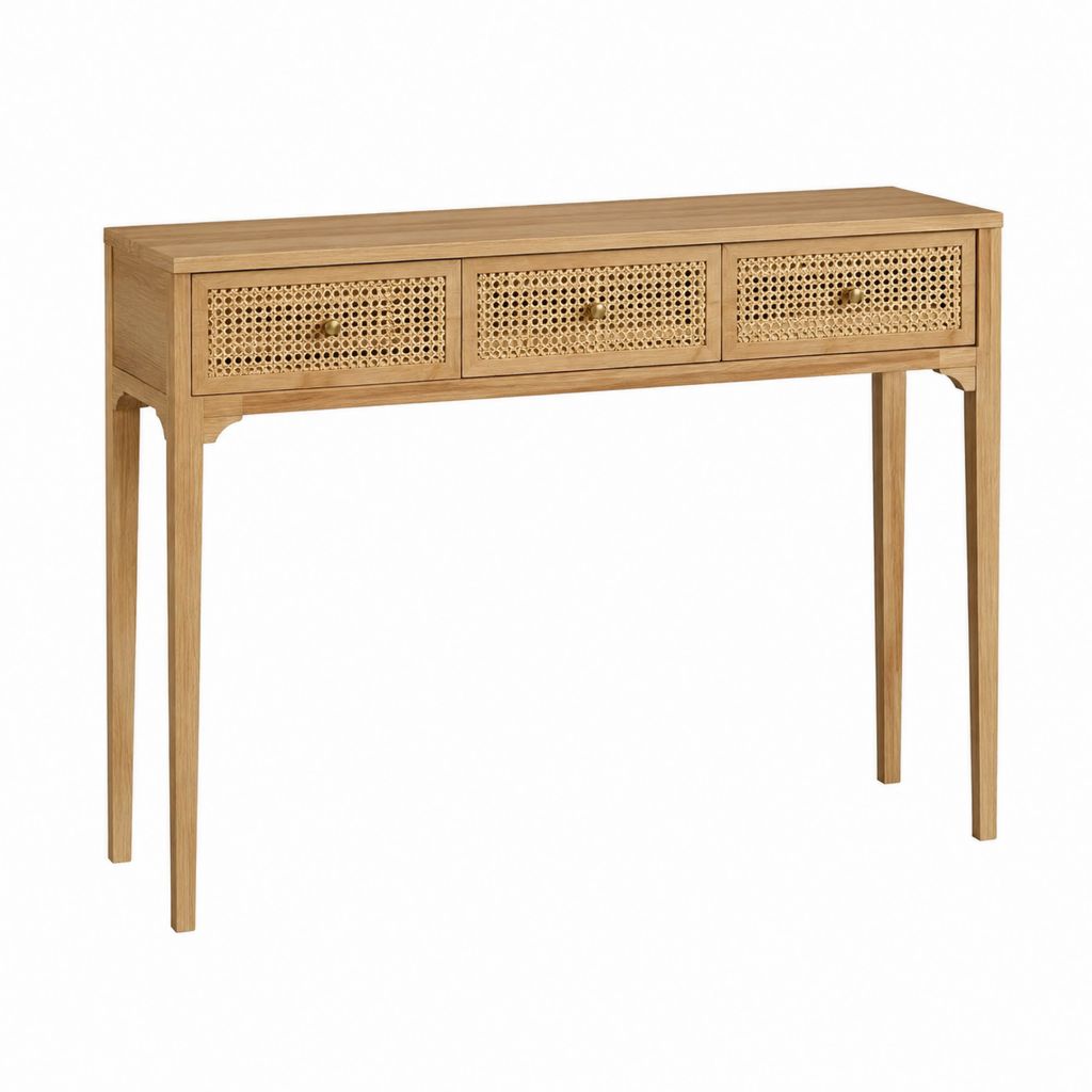 Konsolentisch mit 3 Schubladen Natur Eiche Massivholz Rattan Rechteckig 120 x 40 x 80 cm