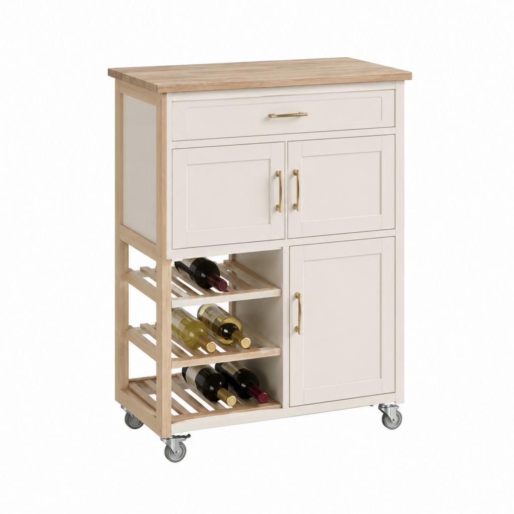 Küchenwagen mit Weinregal und Schrank Creme Naturholz MDF Gummibaumholz 75 x 45 x 90 cm